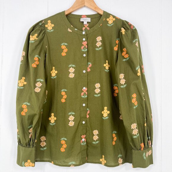 LOFT Tops - Loft Outlet Floral Button Down Blouse Balloon Sleeve Fall Boho Size Medium Green